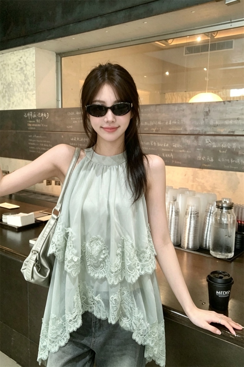 실사 부드러운 부서 대 인기 레이스 불규칙 쉬폰 행침 목 조끼 여성 레이스 밑단 슬림해 보이는 작은 셔츠