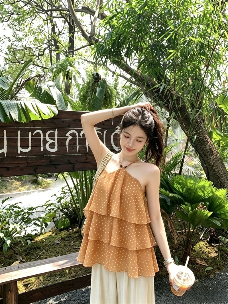 실사 여름 필수 디자인 센스 행침 목 도트 무늬 쉬폰 조끼 여성 슬림해 보이는