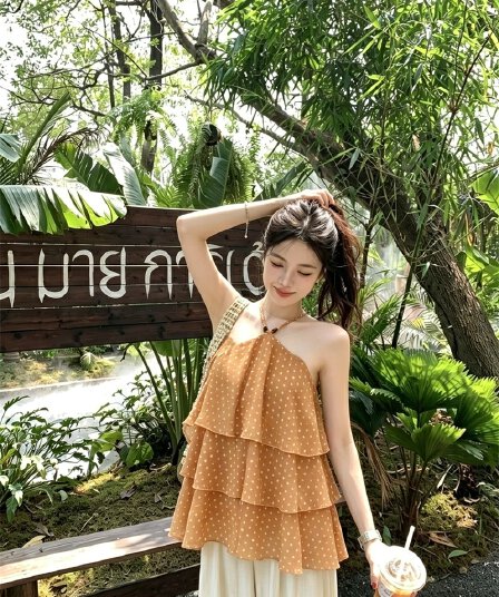 실사 여름 필수 디자인 센스 행침 목 도트 무늬 쉬폰 조끼 여성 슬림해 보이는