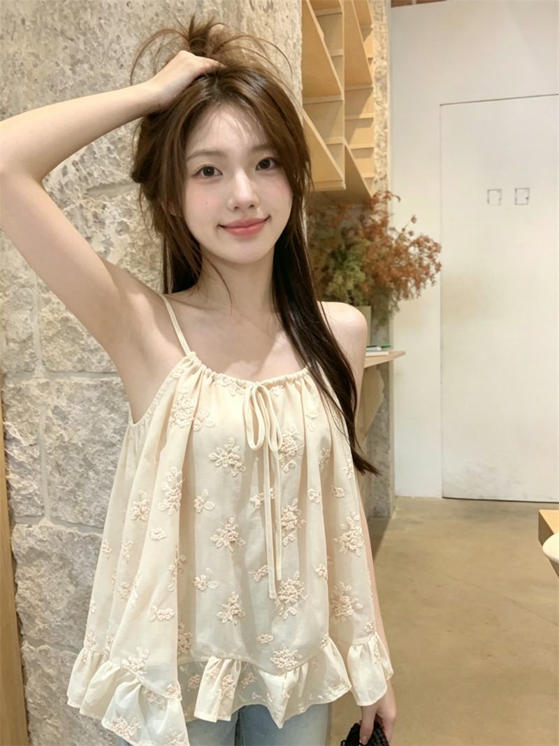 실사 여름 새로운 달콤함 자수 꽃 무거운 작업 슬립 슬림해 보이는 다용도 조끼 맨위 여성