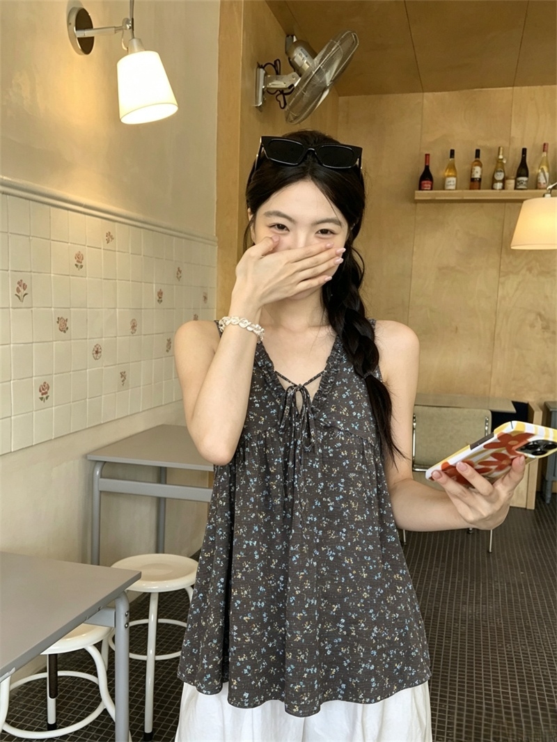 실사 한 부서 달콤함 레트로 깨진 꽃 캐미솔 여성 외출용