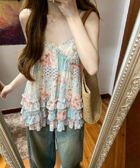 실사 한 부서 디자인 센스 한 마디 슬립 달콤함 다용도 패션 케이크 층 꽃무늬 캐미솔 외출용