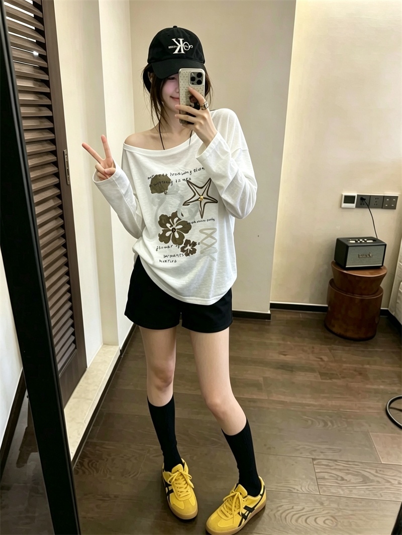 실사 여름 새로운 조개 프린트 자외선 차단 의류 긴팔 루즈핏 얇고 가벼운 티셔츠 여성 에어컨 셔츠