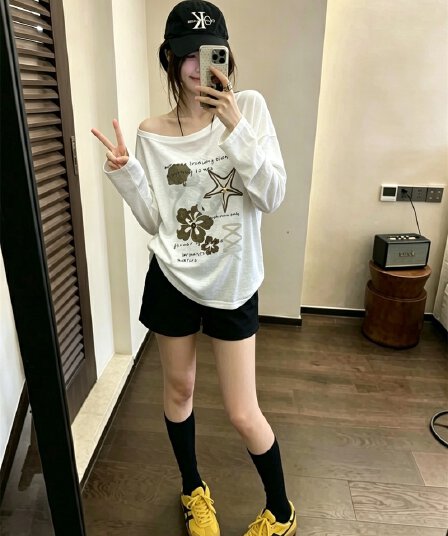 실사 여름 새로운 조개 프린트 자외선 차단 의류 긴팔 루즈핏 얇고 가벼운 티셔츠 여성 에어컨 셔츠