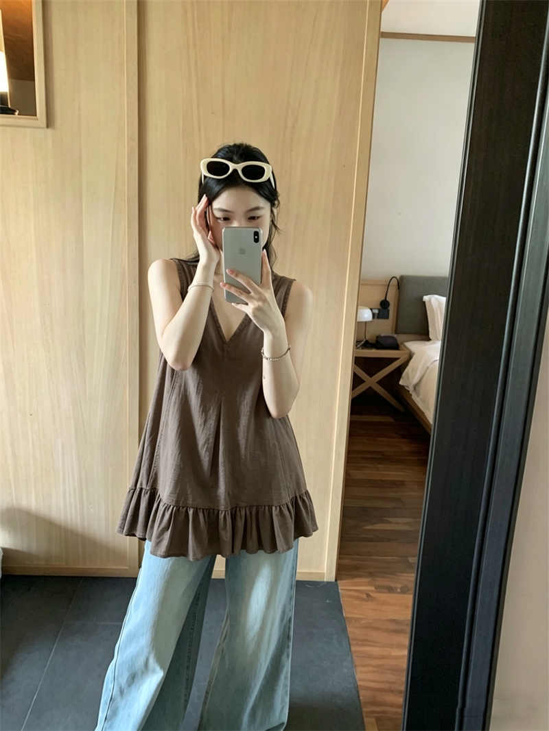 실사 한국 스타일 미니멀리즘 디자인 센스 뒤로 스트랩 백리스 조끼 여성