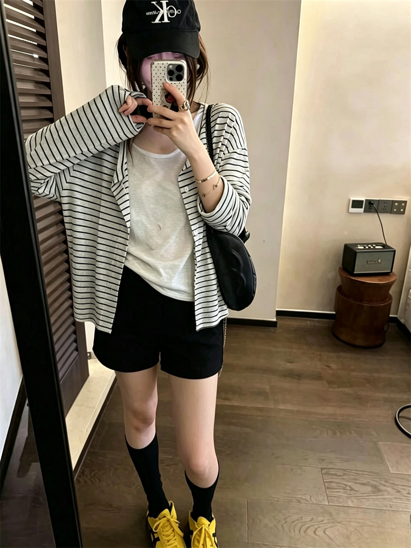 실사 여름 새로운 얇고 가벼운 통기성 자외선 차단 의류 조끼 스트라이프 오픈 가디건 투피스 슈트 여성