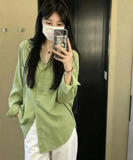 실사 여름 새로운 느슨함 느긋한 디자인 센스 체크무늬 셔츠 여성
