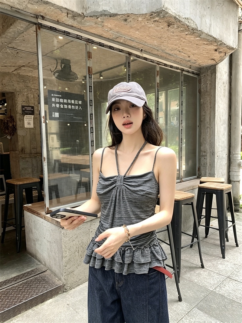 실사 여름 새로운 아메리칸 레트로 핫걸 프릴 스트라이프 행침 목 조끼 여성