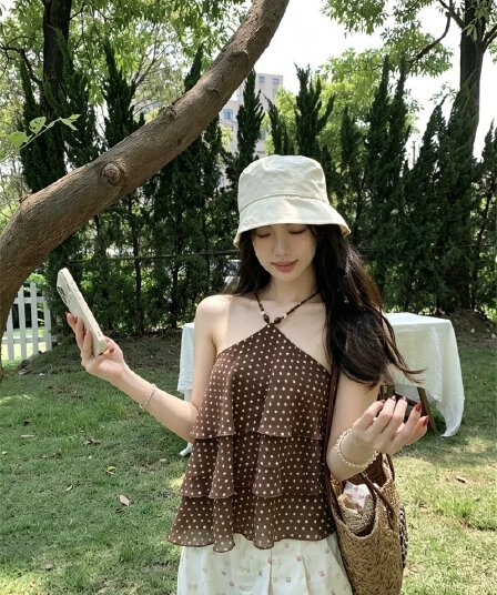 실사 여름 필수 디자인 센스 행침 목 도트 무늬 쉬폰 조끼 여성 슬림해 보이는