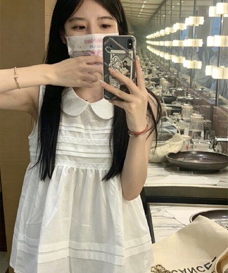 실사 연령 감소 달콤함 소녀 바람 레이스 조각 민소매 여성 셔츠 여름 루즈핏 베이비 칼라 풀오버 맨위