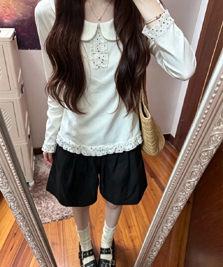 실사 한 부서 달콤함 귀여운 베이비 칼라 긴팔 티셔츠 여성 가을 새로운