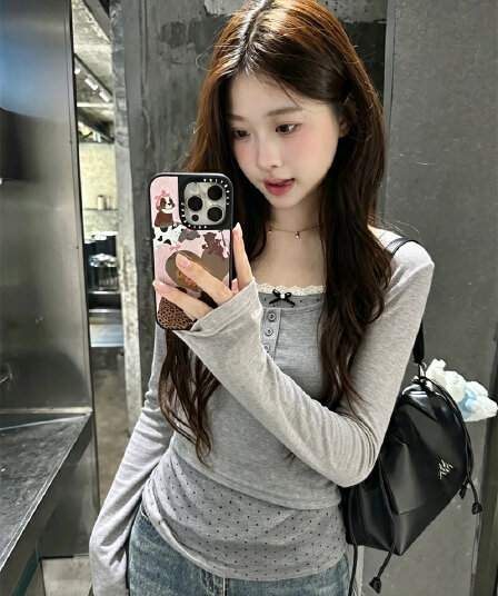 실사 이른 가을 새로운 한 부서 디자인 센스 초강력 페이크 레이어드 티셔츠 꼬집기 허리 핀치 Pleat 종이 사람들 맨위 여성