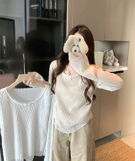 실사 이른 가을 레이스 V넥 나비 매듭 긴팔 한 부서 ins 슬림해 보이는 Tulle 만나는 맨위 작은 셔츠 여성