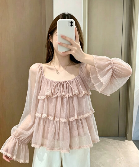 실사 가을 새로운 프릴 케이크 층 쉬폰 여성 셔츠 디자인 센스 초강력 긴팔 작은 셔츠