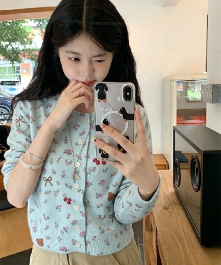 실사 이른 가을 새로운 한 부서 달콤함 귀여운 나비 매듭 작은 곰 패턴 니트 스웨터 오픈 가디건 스웨터 여성 코트