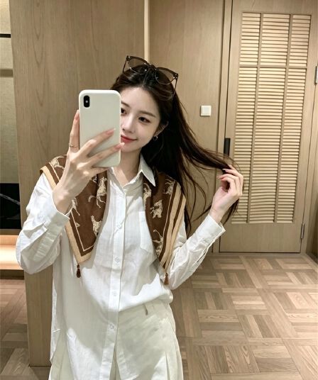 실사 이른 가을 새로운 한국 스타일 품격 루즈핏 다용도 긴팔 셔츠 숄 투피스 슈트 여성