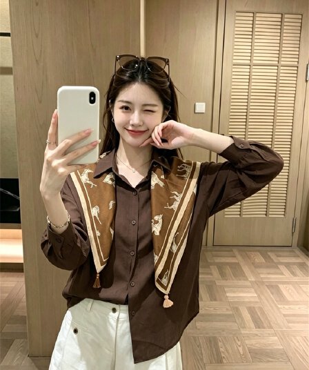 실사 이른 가을 새로운 한국 스타일 품격 루즈핏 다용도 긴팔 셔츠 숄 투피스 슈트 여성