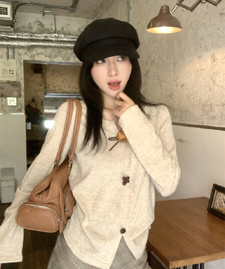 실사 이른 가을 새로운 한 부서 달콤함 슬림해 보이는 긴팔 티셔츠 맨위 여성