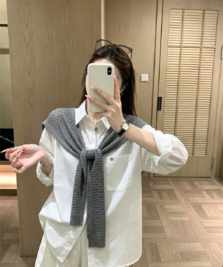 실사 이른 가을 새로운 한국 스타일 품격 루즈핏 다용도 긴팔 셔츠 숄 투피스 슈트 여성