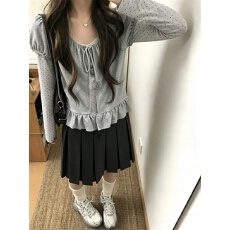 批发实拍 设计感超强韩系甜美早秋新款波点马甲+打底两件套套装上衣女