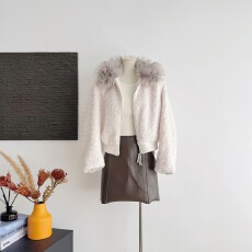 批发板栗可可Bankelili'暖冬咩咩'大毛领短款环葆羊羔毛保暖外套女冬