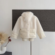 批发高级羊羔毛拼接<b class='q'>短款</b>羽绒服女韩系冬新款小个子加厚90白鸭绒外套