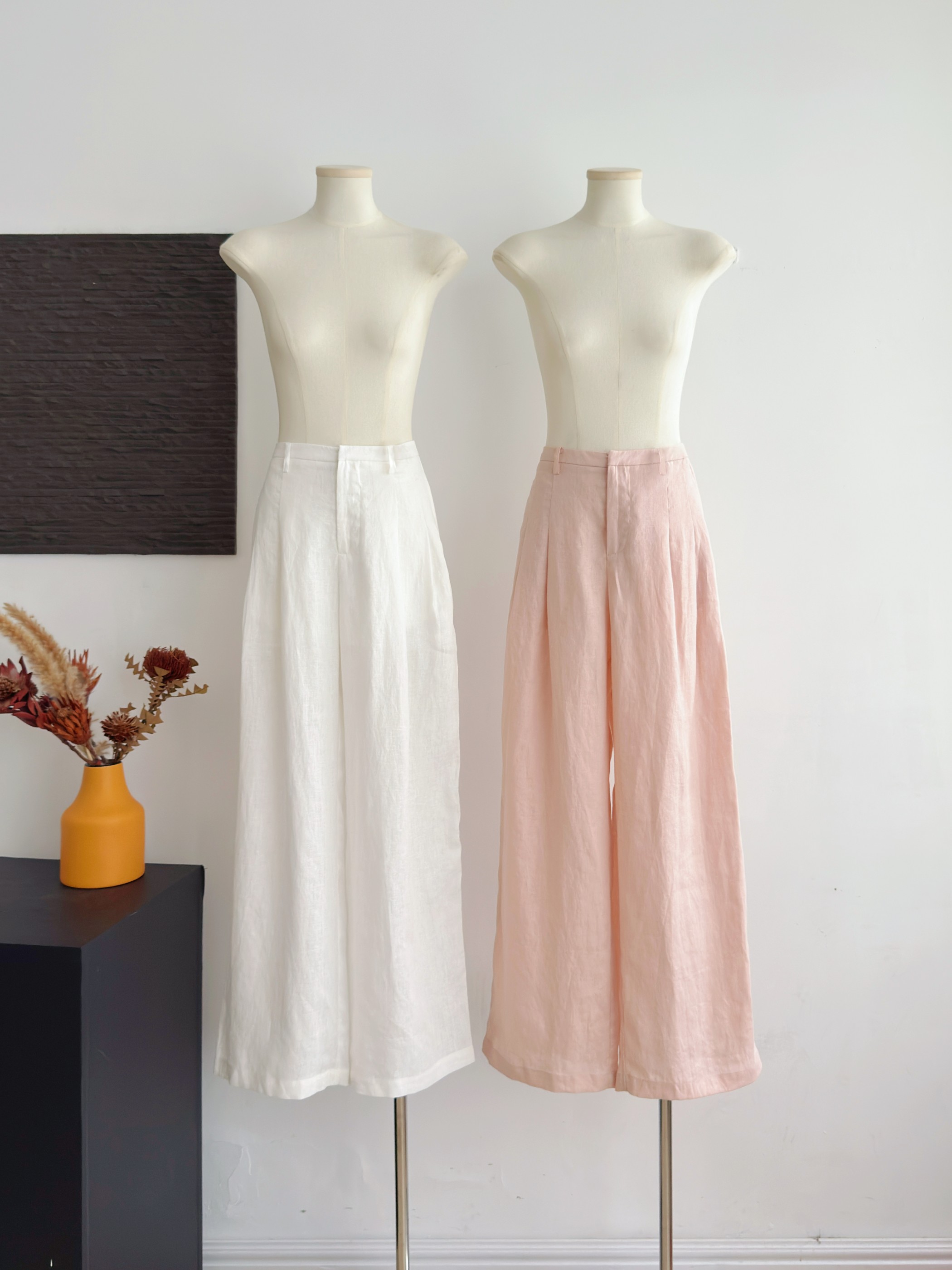 yuyureal 산소 100 전체 아마 여름 에어컨 화이트 핑크색 캐주얼 바지 도루 센스 넓은 다리 면 린넨 바지