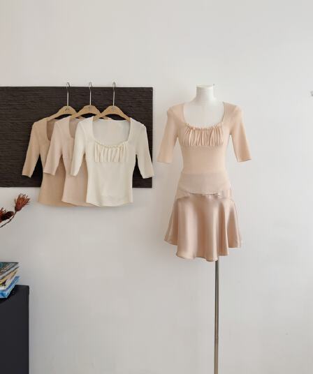 콩 ballet 엷 은 안개 향기로운 노래 주름 광장 칼라 5 점 소매 100 물 용해 양모 발레 tee