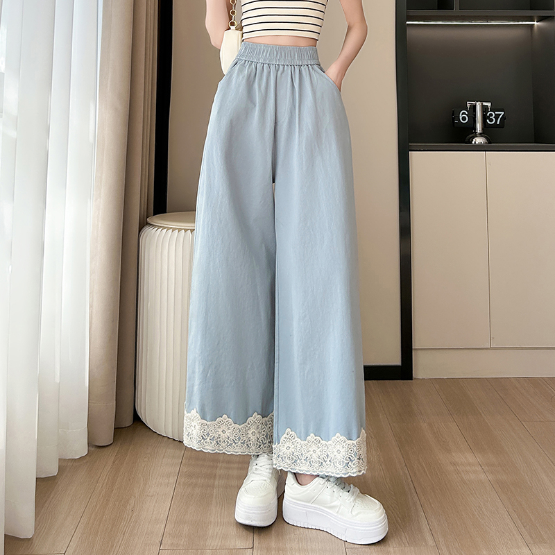 봄 새로운 워시 물 면 와이드 레그 팬츠 하이웨이스트 9 포인트 바지 구두 레이스 레이스 다용도 작은 키 캐주얼 바지