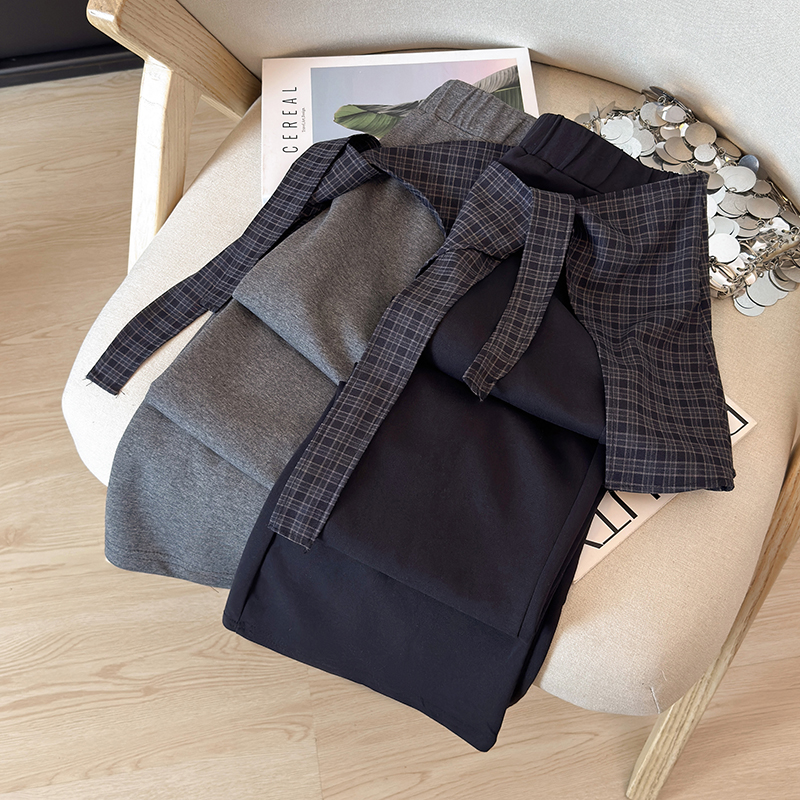 봄 여름 새로운 방귀 커튼 바지 하이웨이스트 부츠컷 바지 다용도 몸매 가꾸기 캐주얼 바지 고급 체크무늬 페이크 레이어드 나팔 바지