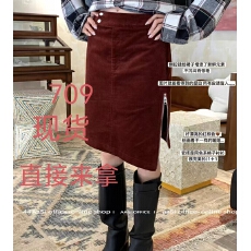 批发aSi 法鲁庄园 显白灯芯绒侧拉链设计感直筒显瘦不规则红色半裙