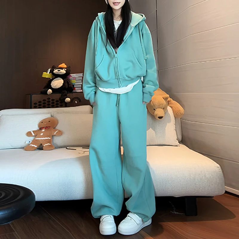 빙하 녹색 후드 지퍼 후드티 재킷 허리밴드 서있는 자르다 스트레이트 웨이 바지 패션 세트 여성 의류