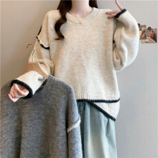 批发实拍2025新款大码女装微胖mm宽松设计感<b class='q'>不规则</b>毛衣撞色针织衫上衣
