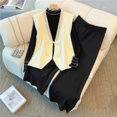 批发实拍2025新款大码女装<b class='q'>胖</b><b class='q'>mm</b>小香风国风盘扣马甲打底衫阔腿裤三件套