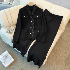 批发实拍2025大码女装<b class='q'>胖</b><b class='q'>mm</b>小香风花边拼接针织马甲打底衫阔腿裤三件套