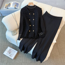 批发实拍2025秋冬大码女装<b class='q'>胖</b><b class='q'>mm</b>小香风流苏针织马甲打底衫阔腿裤三件套