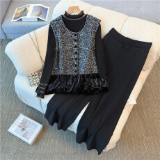 批发实拍2025秋冬大码女装<b class='q'>胖</b><b class='q'>mm</b>小香风丝绒拼接针织马甲打底衫长裤套装