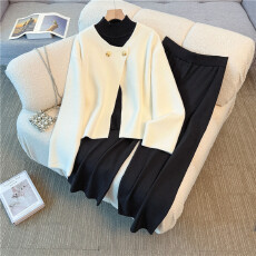 批发实拍2025大码女装<b class='q'>胖</b><b class='q'>mm</b>小香风开衫外套针织上衣打底衫阔腿裤三件套