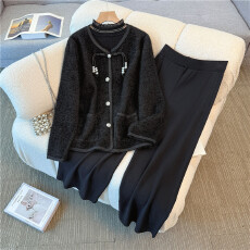 批发实拍2025秋冬大码女装<b class='q'>胖</b><b class='q'>mm</b>小香风水貂绒针织外套打底衫阔腿裤套装