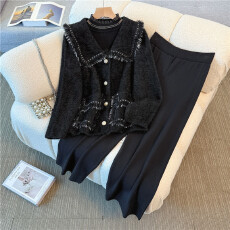 批发实拍2025秋冬大码女装<b class='q'>胖</b><b class='q'>mm</b>小香风水貂绒针织外套打底衫阔腿裤套装