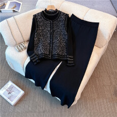 批发实拍2025秋冬大码女装<b class='q'>胖</b><b class='q'>mm</b>小香风针织开衫背心打底衫阔腿裤两件套