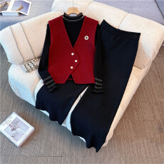 批发实拍2025新款大码女装<b class='q'>胖</b><b class='q'>mm</b>小香风V领马甲外套打底衫阔腿裤三件套