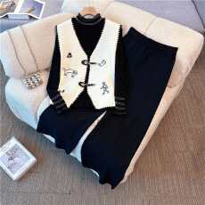 批发实拍2025新款大码女装<b class='q'>胖</b><b class='q'>mm</b>新中式国风盘扣马甲打底衫阔腿裤三件套