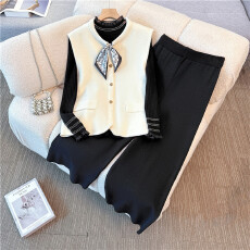 批发实拍2025新款<b class='q'>大码</b>女装胖mm蝴蝶结开衫针织马甲打底衫阔腿裤三件套