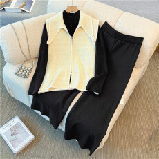 批发实拍2025新款大码<b class='q'>女装</b>胖mm小香风翻领针织马甲打底衫阔腿裤三件套