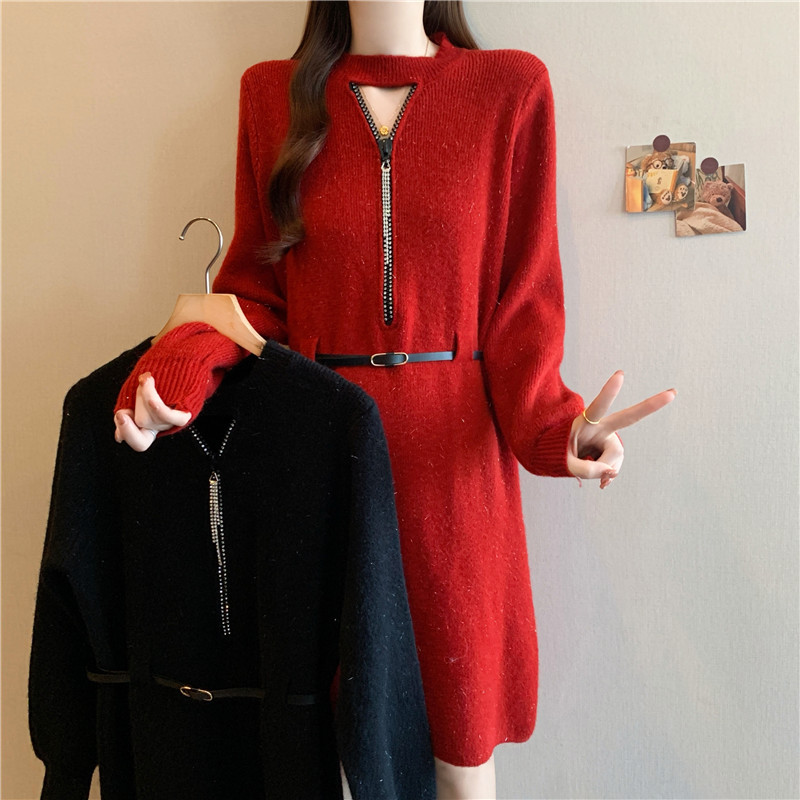 MY15039# 新款大码女装胖mm中长款V领针织毛衣洋气A字连衣裙子女裝貨源服裝批發