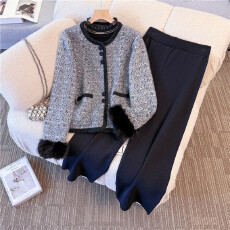 批发实拍2025秋冬新款大码女装<b class='q'>胖</b><b class='q'>mm</b>小香风开衫外套打底衫阔腿裤三件套