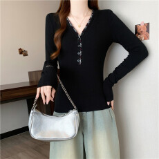 批发实拍2026春装新款<b class='q'>大码</b>女装微胖mm设计感V领T恤黑色<b class='q'>打底衫</b>内搭上衣