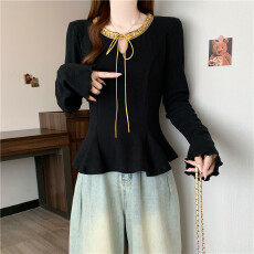 批发实拍2026春装新款大码女装胖mm设计感T恤黑色针织<b class='q'>打底衫</b>内搭上衣