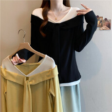 批发实拍2026春装新款大码女装胖mm假两件<b class='q'>V领</b>拼色针织<b class='q'>t</b><b class='q'>恤</b>打底衫上衣潮